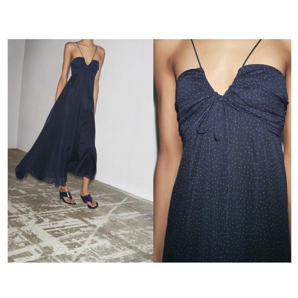 NWT Zara Navy Blue Polka Dot dress